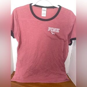 Victoria's Secret PINK Ladies Size Large Ringer T-shirt Puppy Graphic